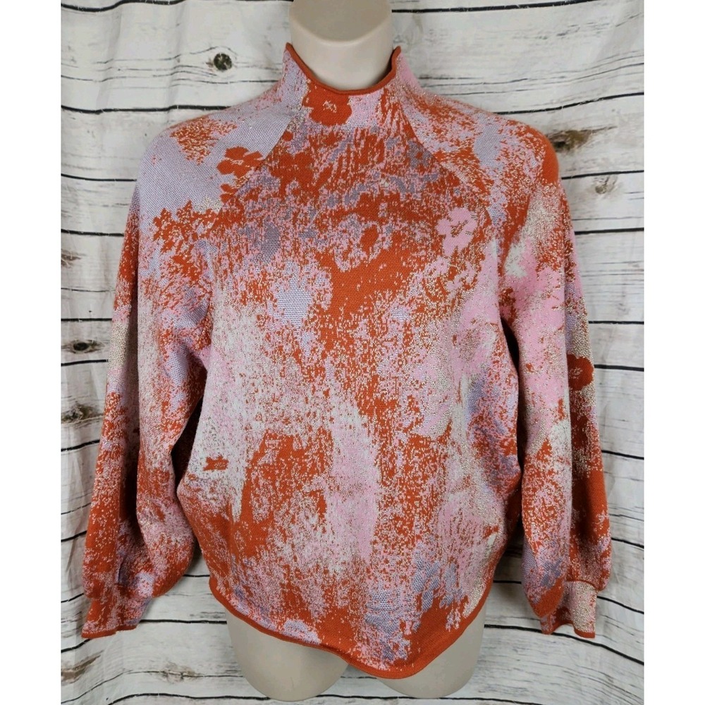 Anthropologie Beatrice Mockneck Sweater 1X Orange Pink Metallic Balloon Sleeves